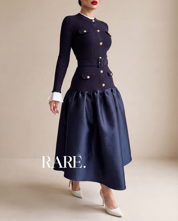 Buttoned Knit & Satin Midi Dress فستان