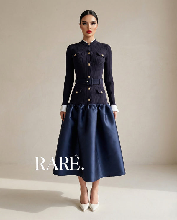 Buttoned Knit & Satin Midi Dress فستان