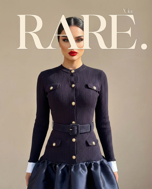 Buttoned Knit & Satin Midi Dress فستان