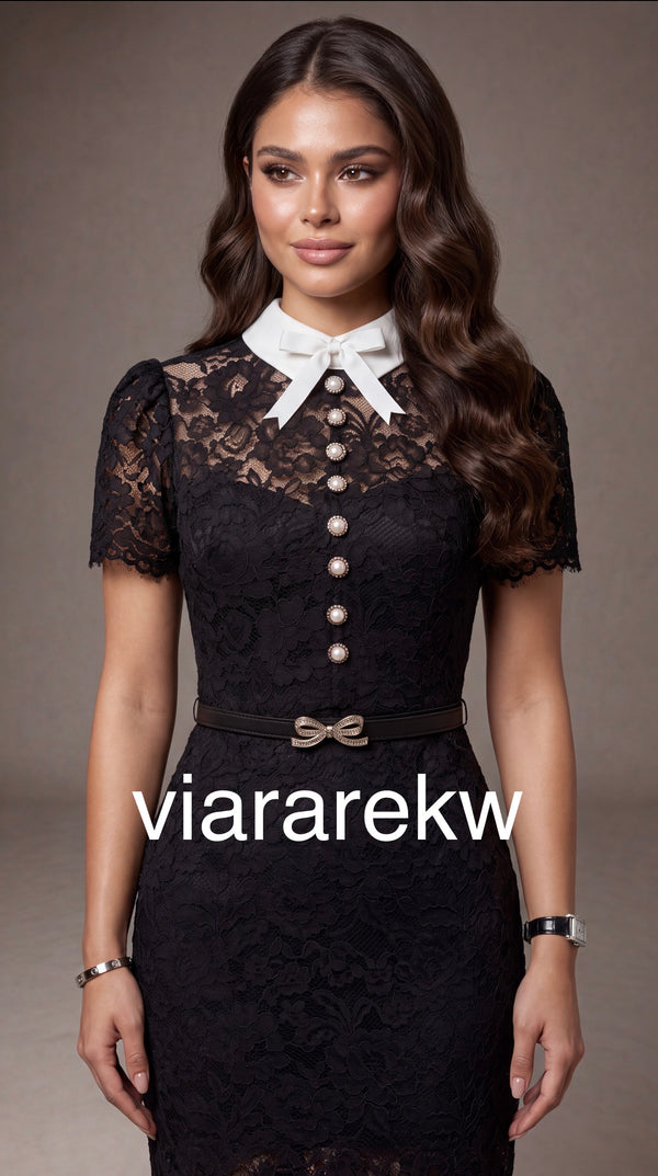 BOW BELTED  LACE  DRESSفستان