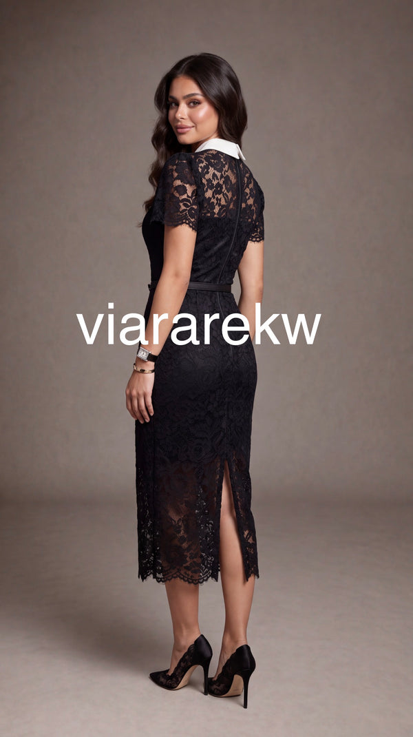 BOW BELTED  LACE  DRESSفستان