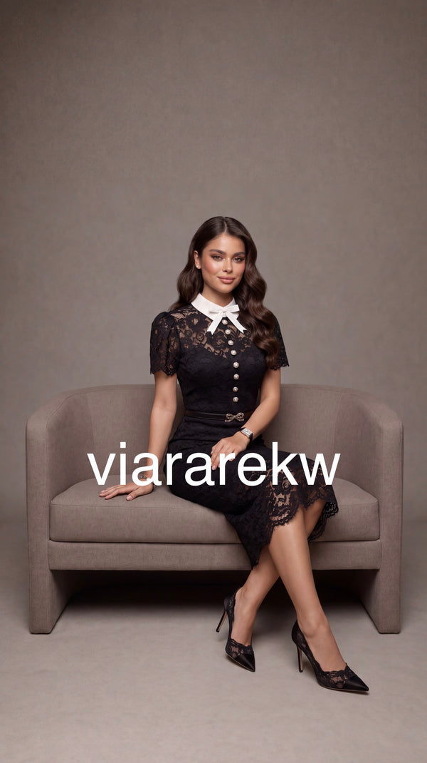 BOW BELTED  LACE  DRESSفستان