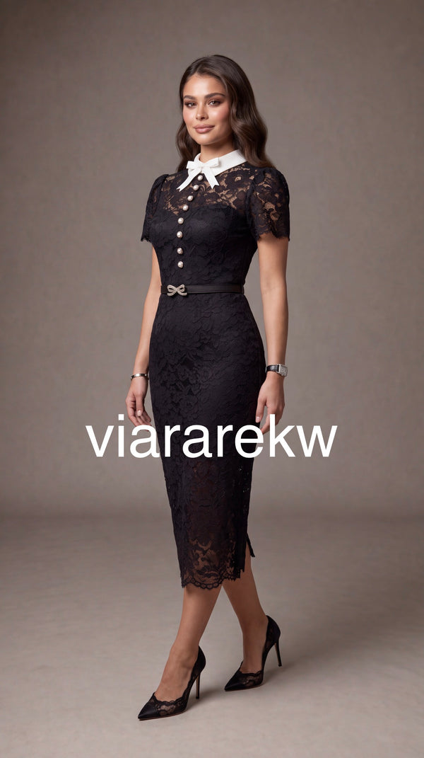 BOW BELTED  LACE  DRESSفستان