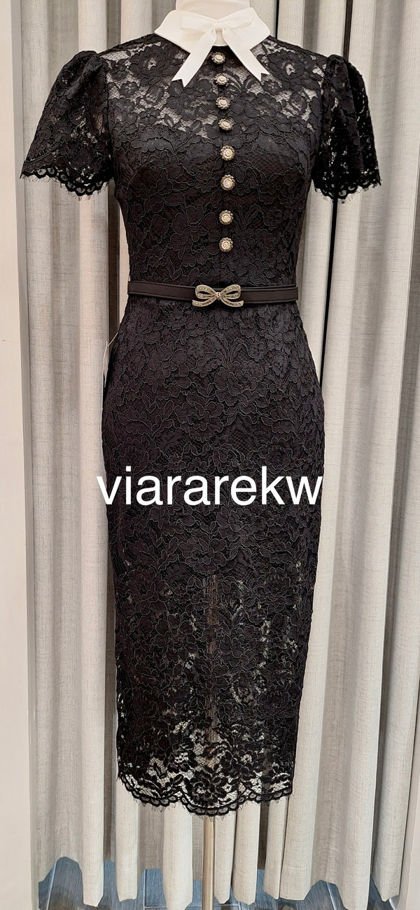 BOW BELTED  LACE  DRESSفستان