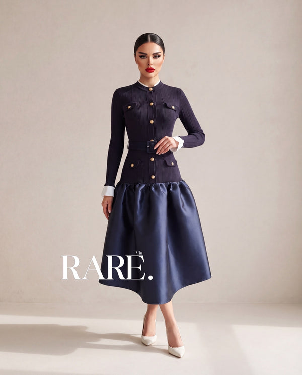 Buttoned Knit & Satin Midi Dress فستان