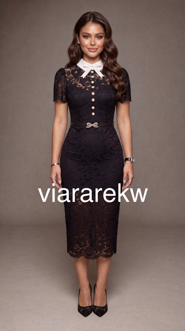 BOW BELTED  LACE  DRESSفستان