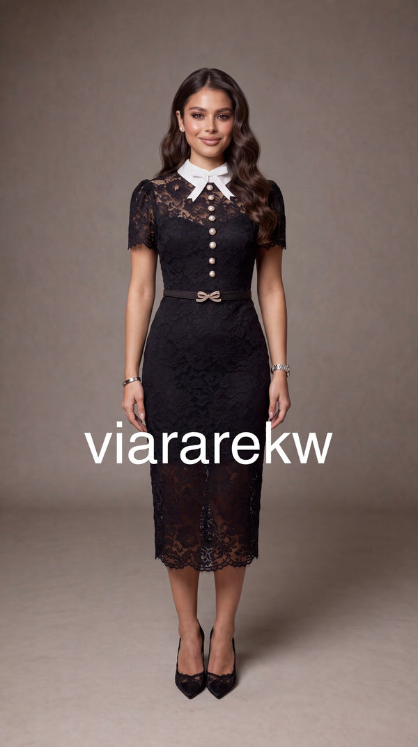 BOW BELTED  LACE  DRESSفستان