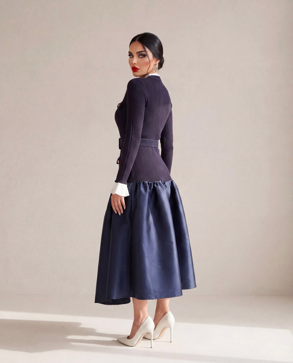 Buttoned Knit & Satin Midi Dress فستان