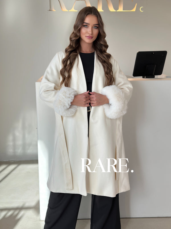 BELTED FAUX FUR-TRIM COAT