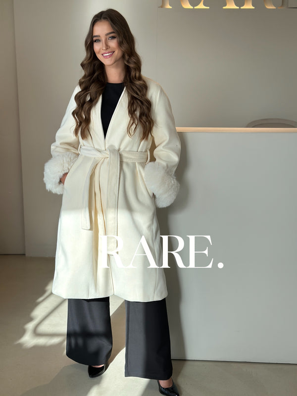 BELTED FAUX FUR-TRIM COAT