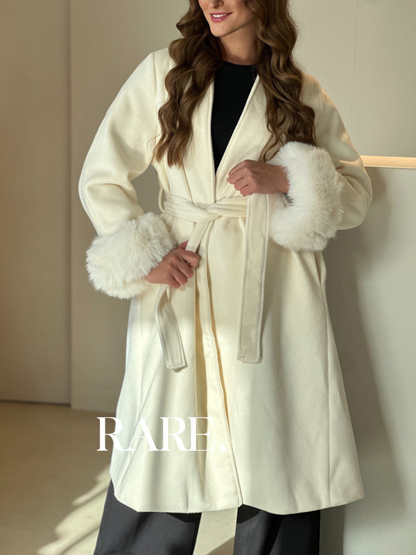 BELTED FAUX FUR-TRIM COAT